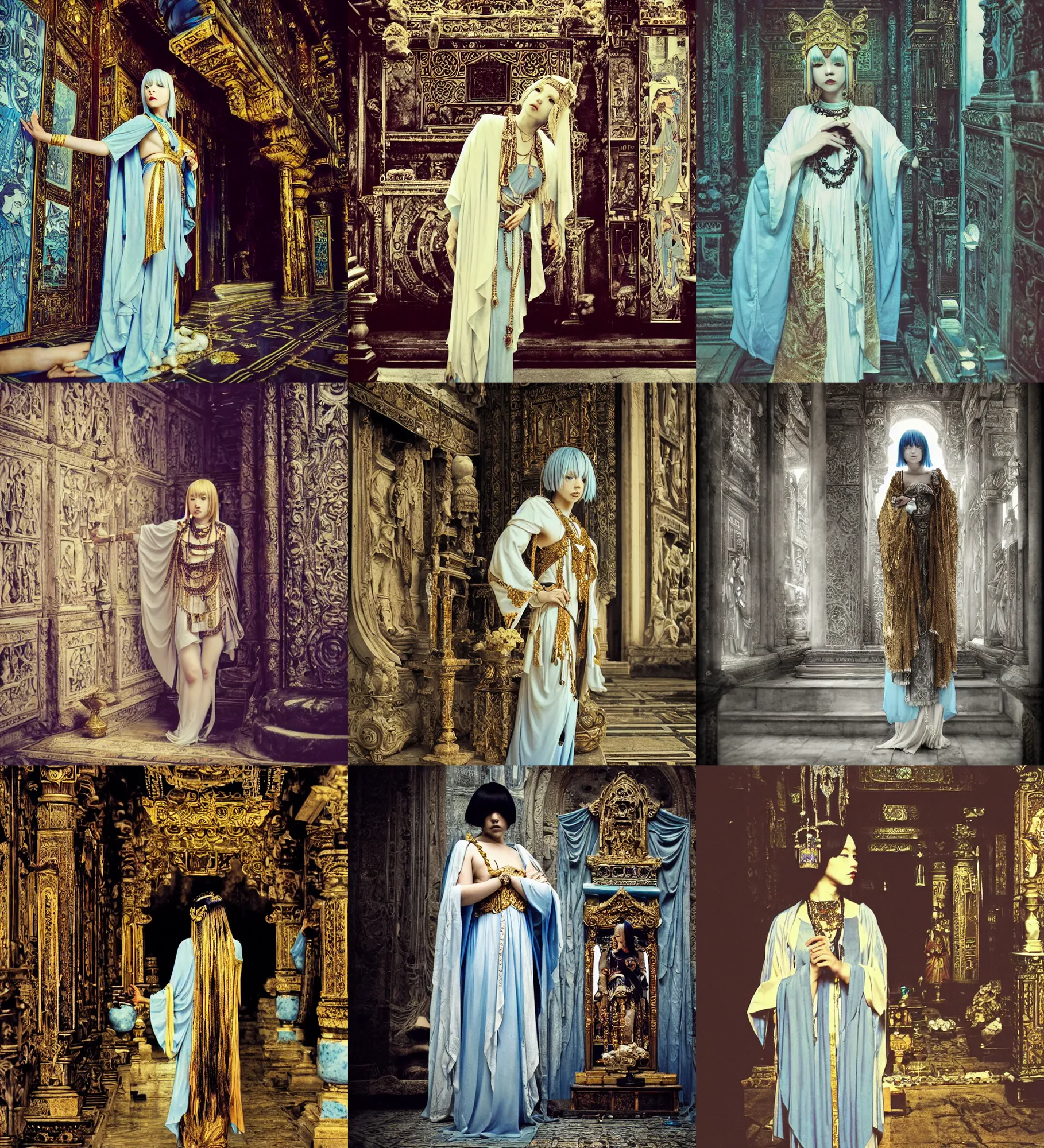 Prompt: lomography, full body portrait photo of women like reol from a distance as a priestess wearing ornate gold jewelry and robe walking past a altar in a ancient temple interior, moody, realistic, dynamic perspective pose, light blue filter, skin tinted a warm tone, hdr, rounded eyes, detailed facial features, alphonse mucha, heian, black white gold