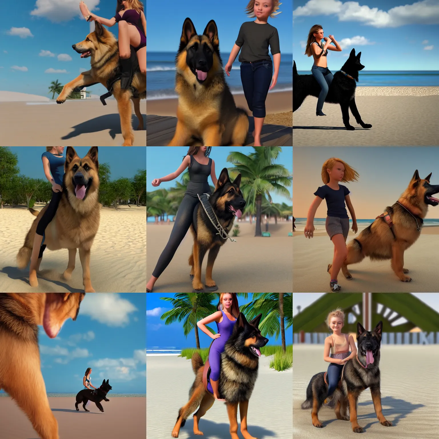 Prompt: girl riding a giant German shepherd at the beach Highly Detailed, Photorealism, HD quality, 8k resolution, cinema 4d, 3D, unreal engine 5, high quality, beautiful, cinematic —ar 16:9