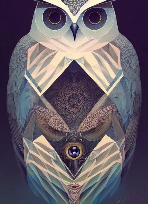 Image similar to portrait of a geometric owl, identical eyes, medium shot, illustration, full body made of white feathers, symmetrical, art stand, super detailed, cinematic lighting, and its detailed and intricate, gorgeous, by peter mohrbacher