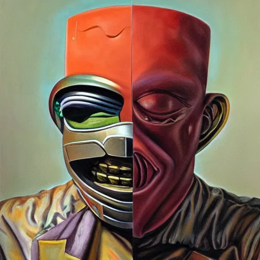 Image similar to beautiful lifelike painting of mf doom forgets his pot holders, hyperreal detailed facial features and uv lighting, art by ed roth and basil wolverton