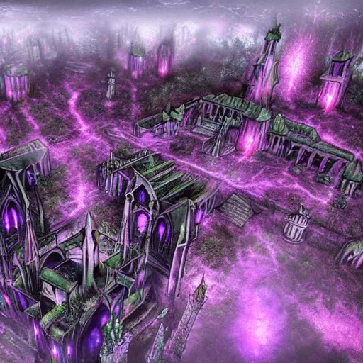 Image similar to underground fortified neo - gothic dark elf city, temples, fortresses, purple fey lights, underground black stone landscape, horrific, horror,