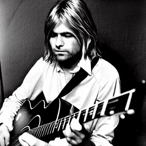 Prompt: photo of kurt cobain playing acoustic guitar, album cover