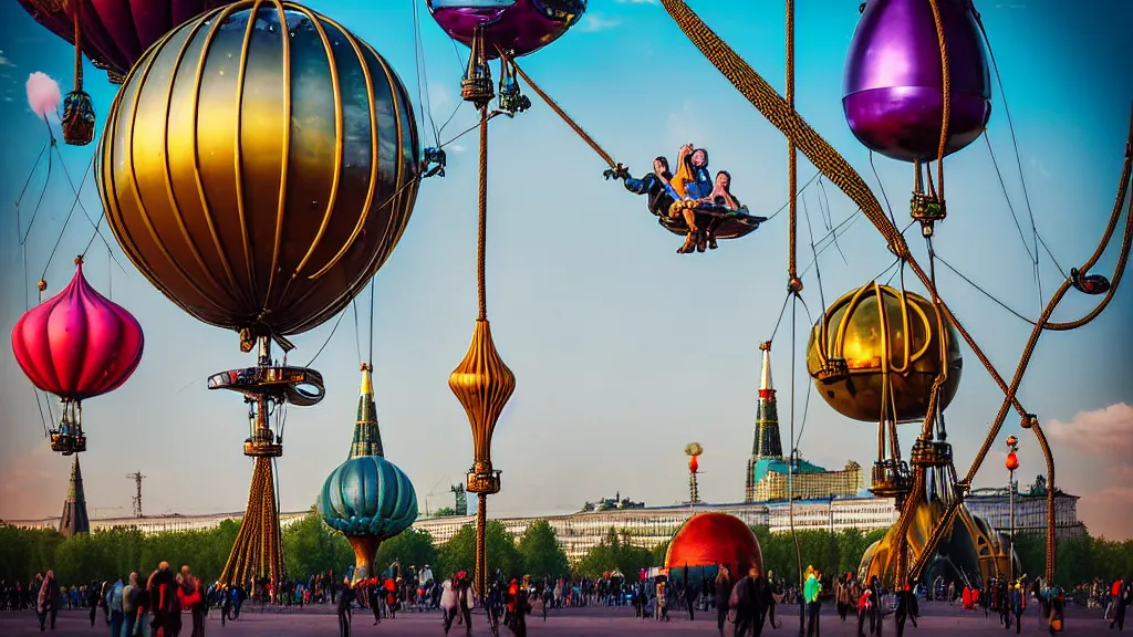 Image similar to large colorful futuristic space age metallic steampunk steam - powered balloons with pipework and electrical wiring around the outside, and people on rope swings underneath, flying high over the beautiful moscow city landscape, professional photography, 8 0 mm telephoto lens, realistic, detailed, photorealistic, photojournalism