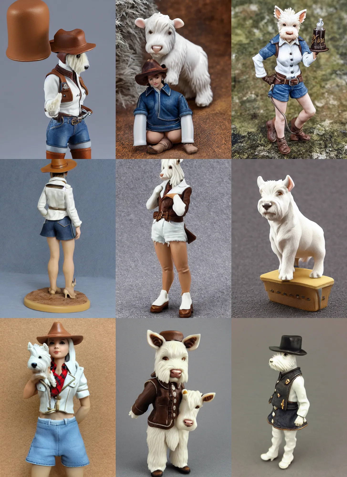 Prompt: 80mm resin detailed miniature of an anthropomorphic west highland white terrier cow girl, Short brown leather jacket, denim short pants, ten-gallon hat; Product Introduction Photos, 4K, Full body