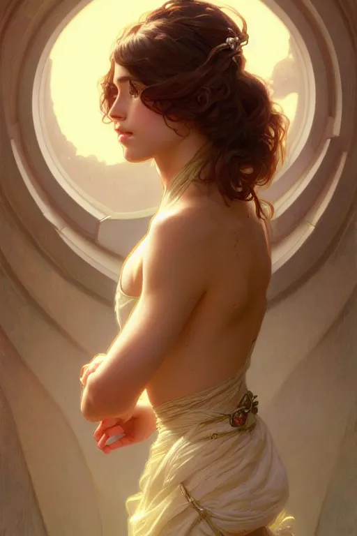 Image similar to prerafaelite portrait of a single young teen model looking moved and touched, upper body, fantasy, intricate, elegant, highly detailed, digital painting, artstation, concept art, matte, sharp focus, illustration, art by Artgerm and Greg Rutkowski and Alphonse Mucha