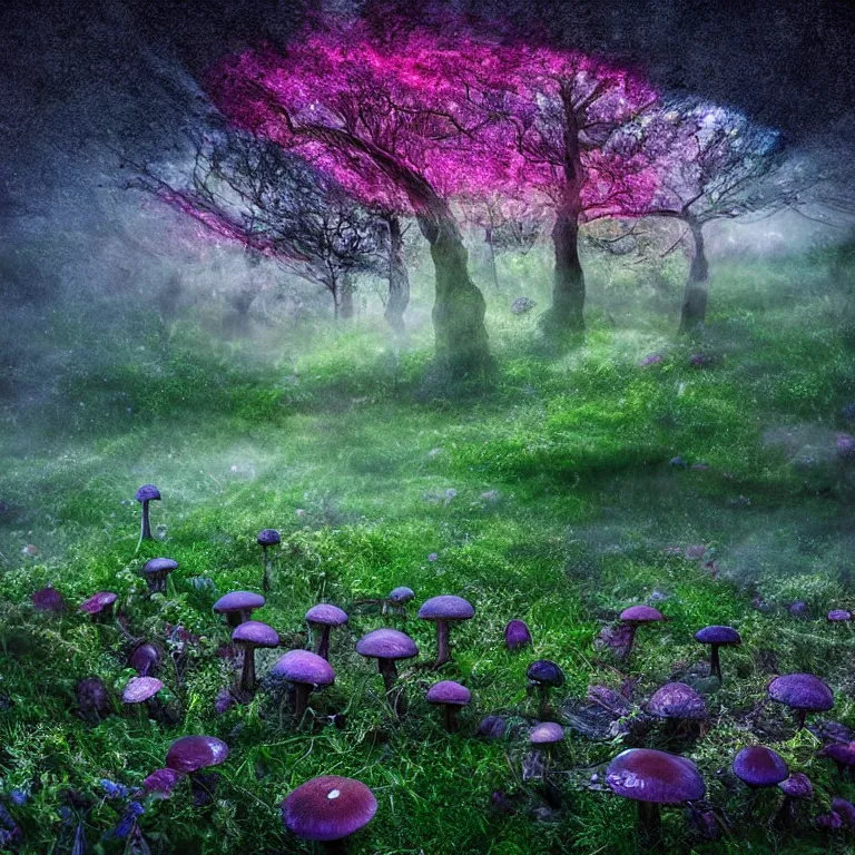 Image similar to a planet of various fungus, mushrooms, flowers and plants, inside the picture is infinity, Atmospheric, artistic photography, conceptual, long exposure outside the city, volumetric light