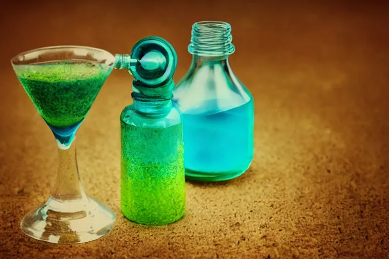 Image similar to small potion with a cork top filled with a green and turquoise gradient liquid, magical potion, glowing liquid, fantasy, on a desk, old film photo