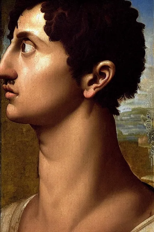 Image similar to renaissance painting of man, short black hair, pleading face, tears dripping from the eyes, emotions closeup, dressed in roman armour, the beautiful garden, ultra detailed, art by Guido Reni style, Vincenzo Catena style