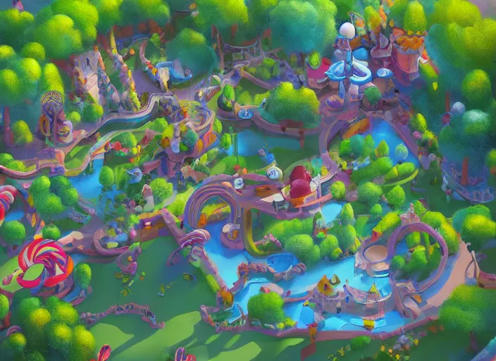 Prompt: level design for candy kids game, zoo park, top angle, oil painting by jama jurabaev, extremely detailed, brush hard, artstation, for aaa game, high quality, brush stroke