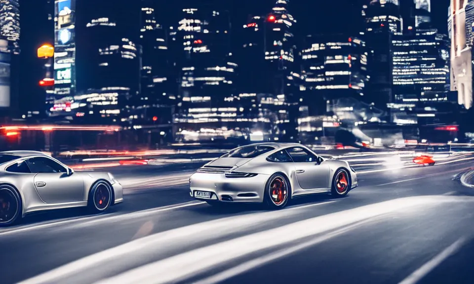 Image similar to photo of a porsche 911 at night driving fast through a city, cinematic, 4k, long exposure photography, tokyo drift, fast and furious, film still, night photography, motion blur, lens flare, movie shot, light trail