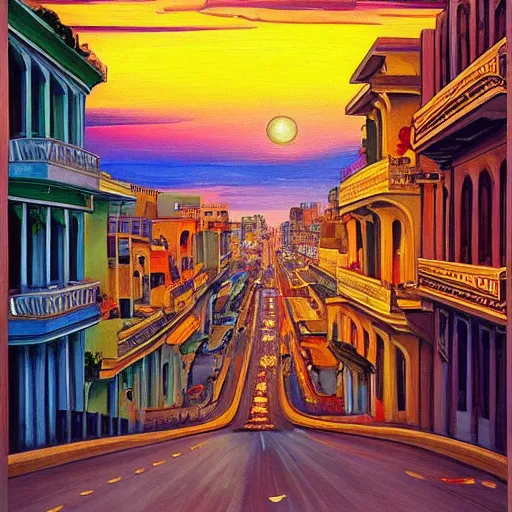 Prompt: art nouveau painting of streets of Havana, Cuba, beautiful, diverse, golden hour