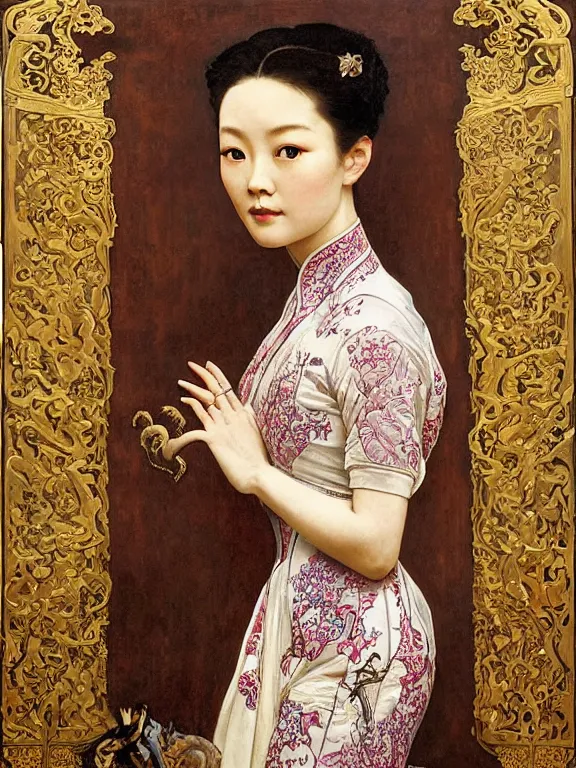 Prompt: an art nouveau head and shoulders portrait oil painting of a pretty young zhang ziyi, dressed in a traditional, modest chinese intricately embroidered silk gown with a high collar, in front of a carved screen showing a tiger and a dragon, intricate, detailed, smooth, complex, elaborate, by alphonse mucha and james gurney and john william waterhouse