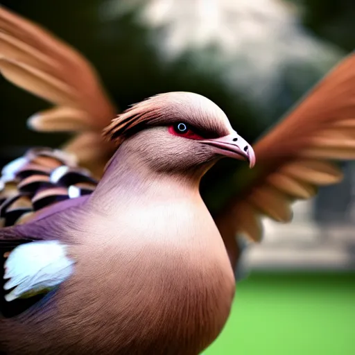 Image similar to photography of a realistic pidgeotto animal, ultra detailed, 8 k, cinematic lighting, natural background, trending on artstation, pokemon