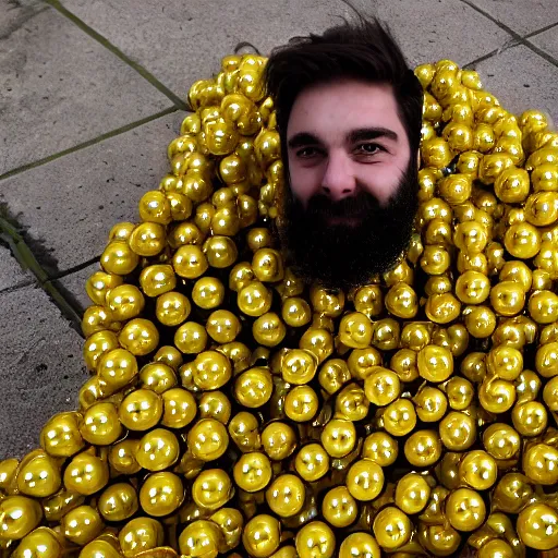 Image similar to a man with a beard in only one side looking at the camera, under a ball pool of yellow and white balls.