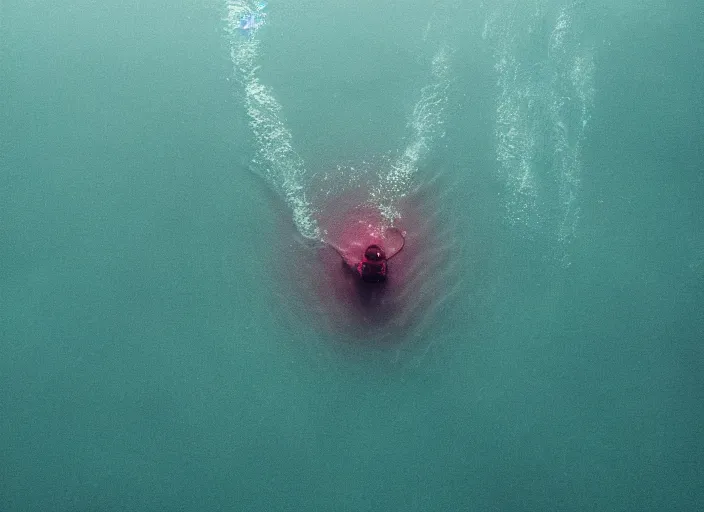 Prompt: a photo of a a vast underwater with a tiny cyborg in the center. Cinematic post-processing. Award winning