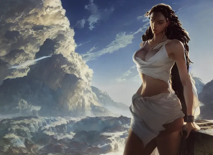 Prompt: beautiful painting of a beautiful woman with white linen with greece in the background by yoji shinkawa frank frazetta, charlie bowater, magali villeneuve, j. c. leyendecker, unreal engine, octane render, ultra realistic,