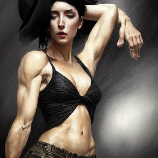 Prompt: an action photo of a black haired woman in a black tank top punching a man in a top hat, muscular upper body, abs, d & d, fantasy, intricate, elegant, highly detailed, digital painting, artstation, concept art, smooth, sharp focus, illustration, art by artgerm and greg rutkowski and alphonse mucha