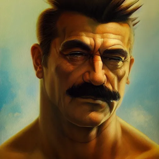 Prompt: An ultra realistic portrait painting of Mario in the style of Frank Frazetta, 4k, Ultrarealistic, Highly Detailed, Dark Fantasy, Epic Lighting