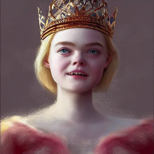 Image similar to a striking hyper real concept art of Elle Fanning with a crown by Masanori Warugai