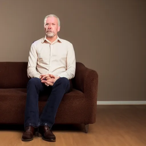 Prompt: full body photo of steve, mature male, mysterious face. he is sitting gracefully on a sofa, elegant slim beige shirt, tight shirt, big pumped belly