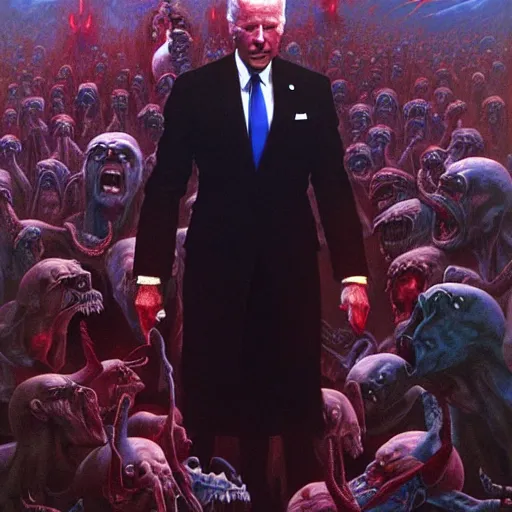 Image similar to epic Joe Biden in pandemonium, demons and souls, portrait, art by Wayne Barlowe, oil on canvas