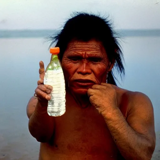 Prompt: Portrait of an Amazon indigenous tribe leader finding a plastic bottle at the shore of the Amazon River, 1980s photography