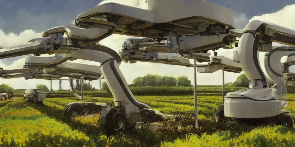 Prompt: a futuristic automated extensive farm, robot machinery, sleek, organic, white, perfect weather, by Gregory Manchess, John Picacio and Brom, UHD 8k