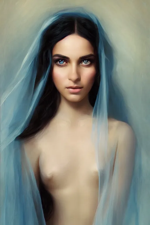 Image similar to modern tanned Ameera al-Taweel, bright blue eyes, wavy black hair, white veil, closeup, focus face, elegant, highly detailed, centered, oil painting, artstation, concept art by tom bagshaw