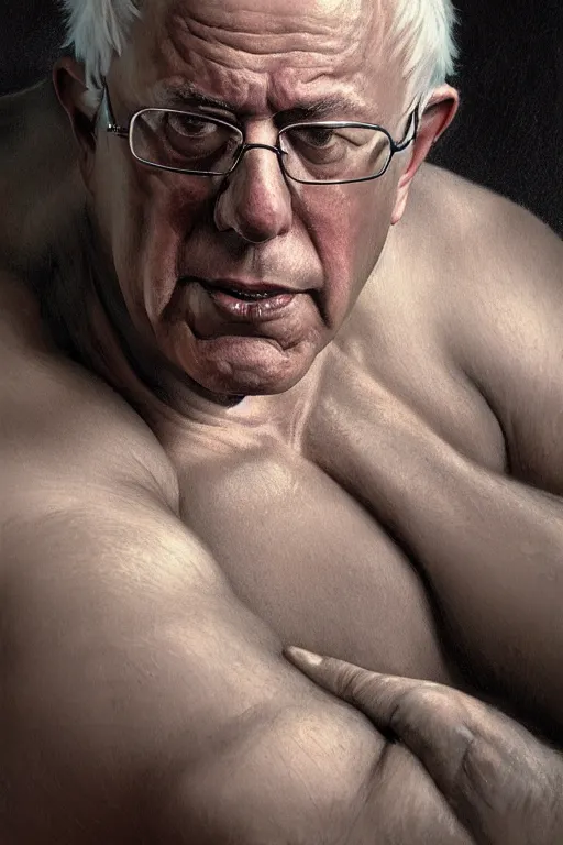Image similar to portrait of a president bernie sanders posing ultra realistic illustration, a hulking herculean gigachad, bulging muscles, intricate, highly detailed, digital painting, artstation, radiant light, caustics, war hero, concept art, smooth, sharp focus, by gaston bussiere, bayard wu, giger, maxim verehin