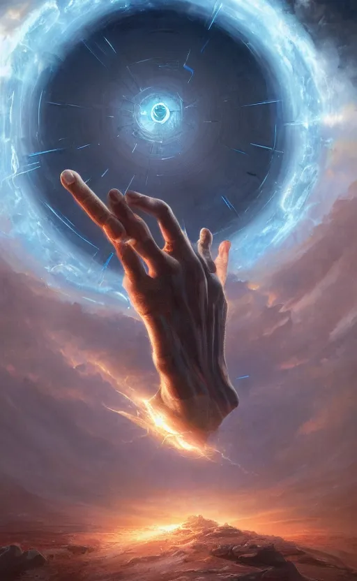 Prompt: the hand of God coming out of a portal hopping and time warping with reckless abandon, dramatic scene, masterpiece digital painting by Greg Rutkowski, Alex Grey, artstation, 4k wallpaper, pixar poster