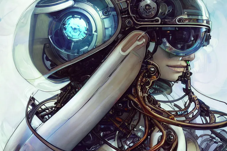 Image similar to portrait of a biomechanical head inside a futuristic space helmet, vintage transistors, white metal, iridescent visor, distant memories, art by Ruan Jia and artgerm and Alphonse Mucha,