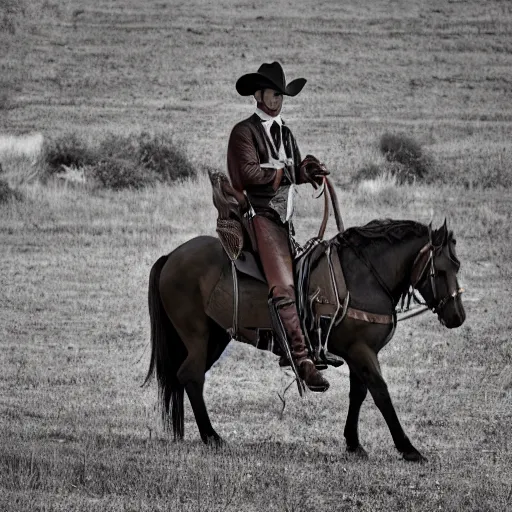 Image similar to Robespierre dressing as cowboy, in Texas, 50mm photography, high quality, 4K