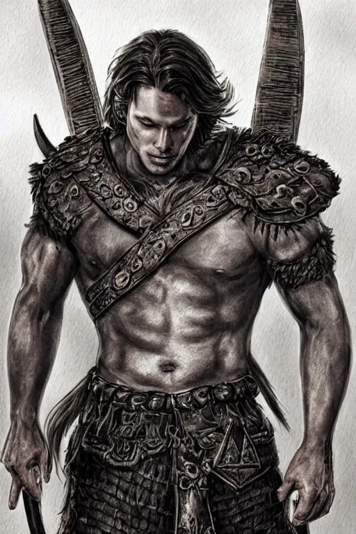 Image similar to front portrait of attractive sam winchester as a viking warrior, clothes torn apart, muscular chest tattooed with runes and symbols, d & d!, fantasy style, sharp focus!, ultra detailed, art by artgerm and peter andrew jones, wlop