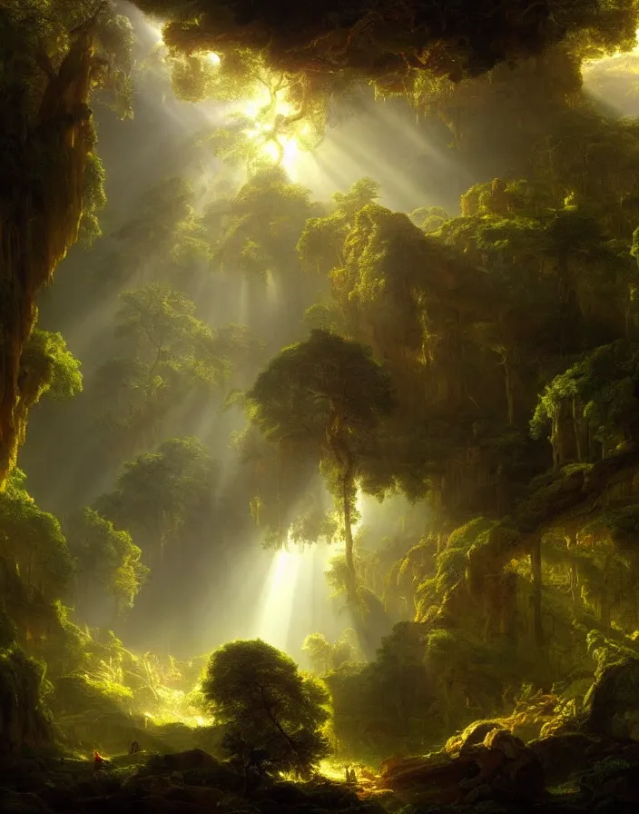 Prompt: an ancient temple lost in a gigantic forest by thomas cole, painting, cinematography, epic lighting, volumetric, fog, god rays