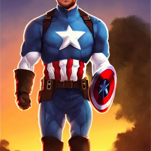 Prompt: Bob Ross smiling as captain america, digital art, concept art, sunset sky in the background, symmetrical, highly detailed, high quality, concept art, Deviant Art