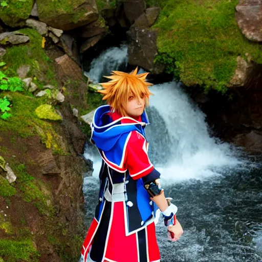 Image similar to kingdom hearts sora cosplay near waterfall close up low angle 85mm