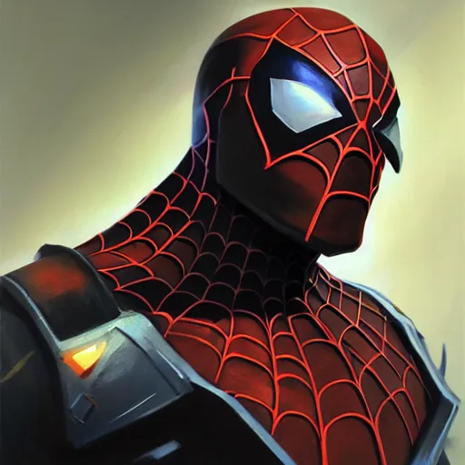 Image similar to greg manchess portrait painting of an armored dark iron spiderman as overwatch character, medium shot, asymmetrical, profile picture, organic painting, sunny day, matte painting, bold shapes, hard edges, street art, trending on artstation, by huang guangjian, gil elvgren, ruan jia, greg rutkowski, gaston bussiere