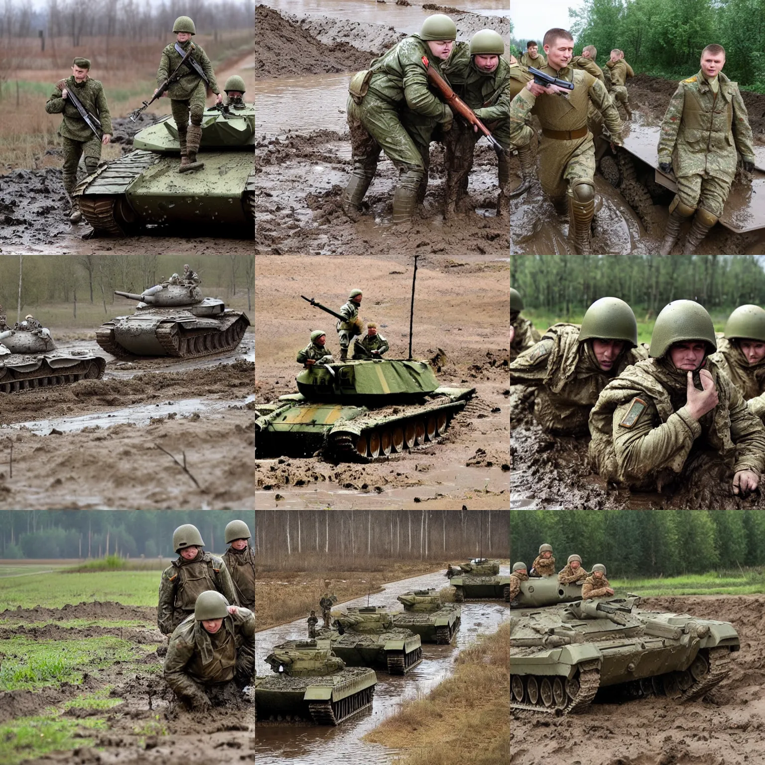 Prompt: Russian army infantry soldiers, stuck in mud, dirt, t-72