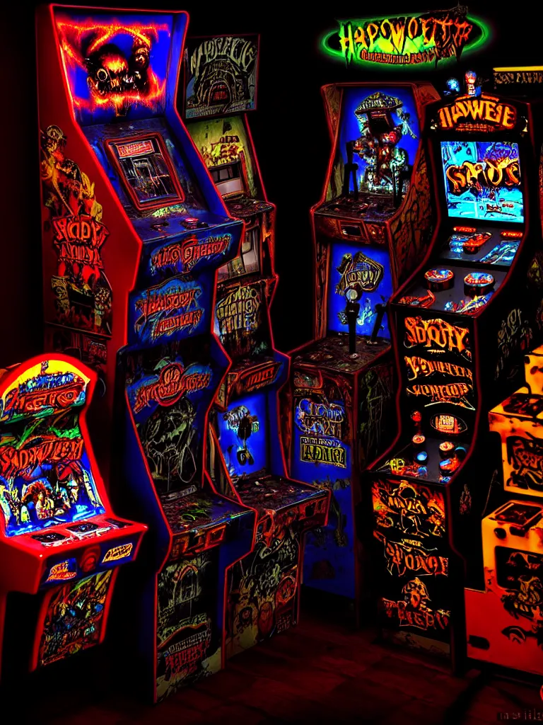 Image similar to haunted arcade machine, spooky, horror, overhead lighting, alluring lights hdr