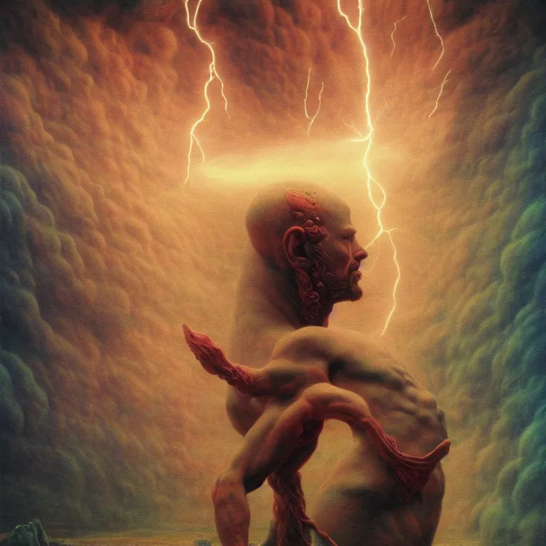 Prompt: asgardian god of thunder, covered with lightning by beksinski, psychedelic trippy visionary art, soft bloom lucid dream - like atmosphere, baroque painting, perfect composition, detailed octane render trending on artstation, 8 k artistic photography, volumetric cinematic perfect light, chiaroscuro, masterpiece, raphael, caravaggio, beksinski, rutkowski, beeple