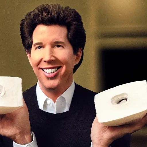 Prompt: Joel Osteen on a package of toilet paper