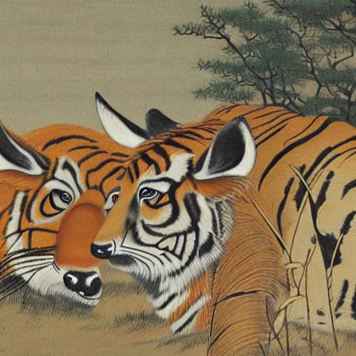 Prompt: a painting of deer in tiger skin and tiger in deer skin facing each other, their heads bowed towards ground by ohara koson