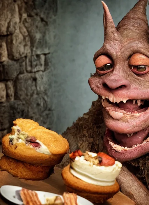 Image similar to closeup portrait of a medieval goblin eating cakes, depth of field, zeiss lens, detailed, symmetrical, centered, fashion photoshoot, by Annie Leibovitz and Steve McCurry, David Lazar, Jimmy Nelsson, Breathtaking, 8k resolution, extremely detailed, beautiful, establishing shot, artistic, hyperrealistic, beautiful face, octane render