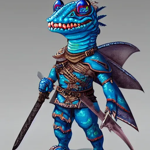Image similar to a blue lizard warrior who is wearing a silly hat, highly detailed, fantasy, dnd, wearing armor, holding a sword