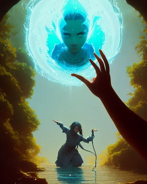 Prompt: highly detailed vfx portrait a mage casting a water spell, stephen bliss, unreal engine, greg rutkowski, loish, rhads, beeple, makoto shinkai and lois van baarle, ilya kuvshinov, rossdraws, tom bagshaw, alphonse mucha, global illumination, detailed and intricate environment