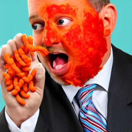 Prompt: Jim Cramer, red faced, eating a hot Cheeto