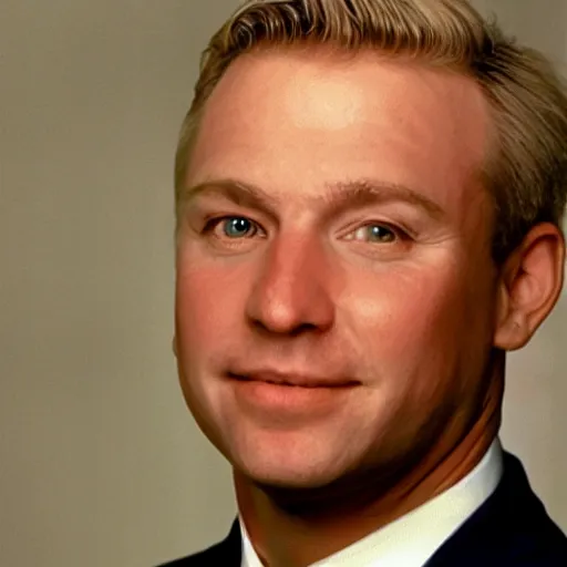 Prompt: official portrait of the united states president, 1994. He is a 35 year old white man from Vermont with blond hair and a scar on his cheek.