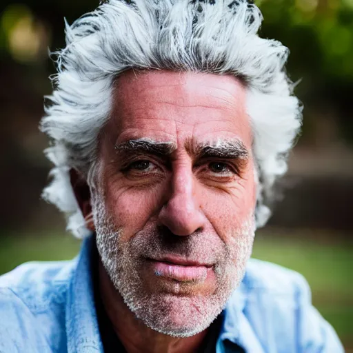 Image similar to portrait photo still of real life rick sanchez 8 k, 8 5 mm f 1. 8