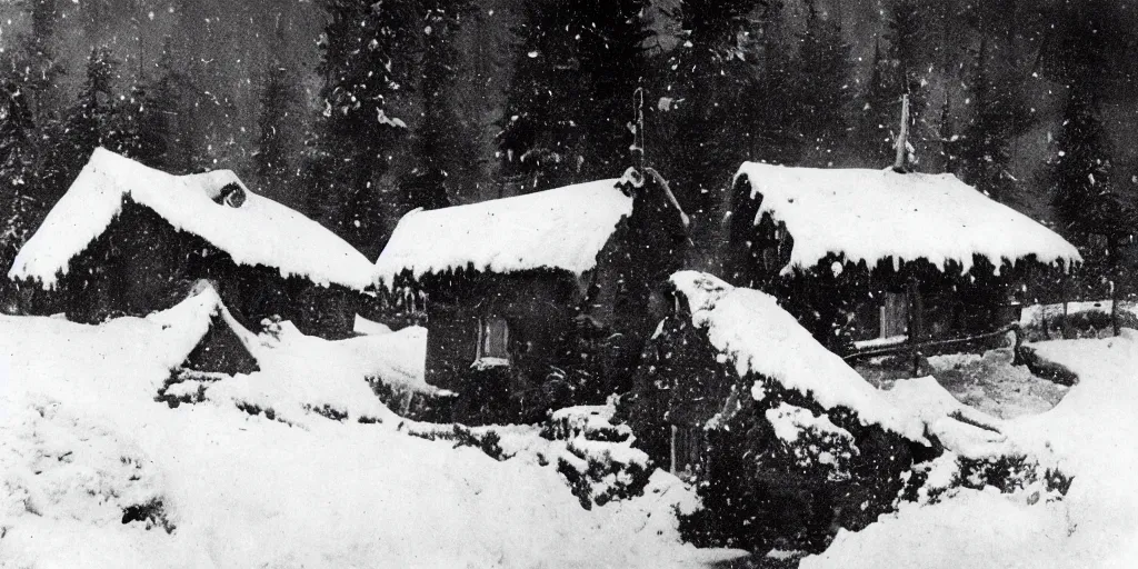 Image similar to 1 9 2 0 s photography of hut in the alps being submerged in snow, krampus hay monster crawling out of it