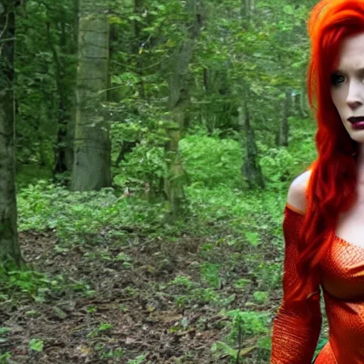 Image similar to elizabeth kucinich as poison ivy, cinematic still shot,